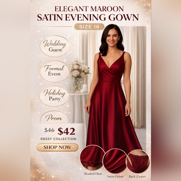 Dessy Collection Dresses & Skirts - Dessy Collection Maroon Satin Gown Size 16